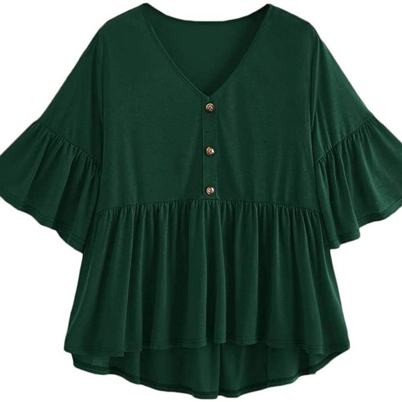 Romwe Tops - 3/4 Sleeve Button V Neck Ruffle Peplum Tops Blouse